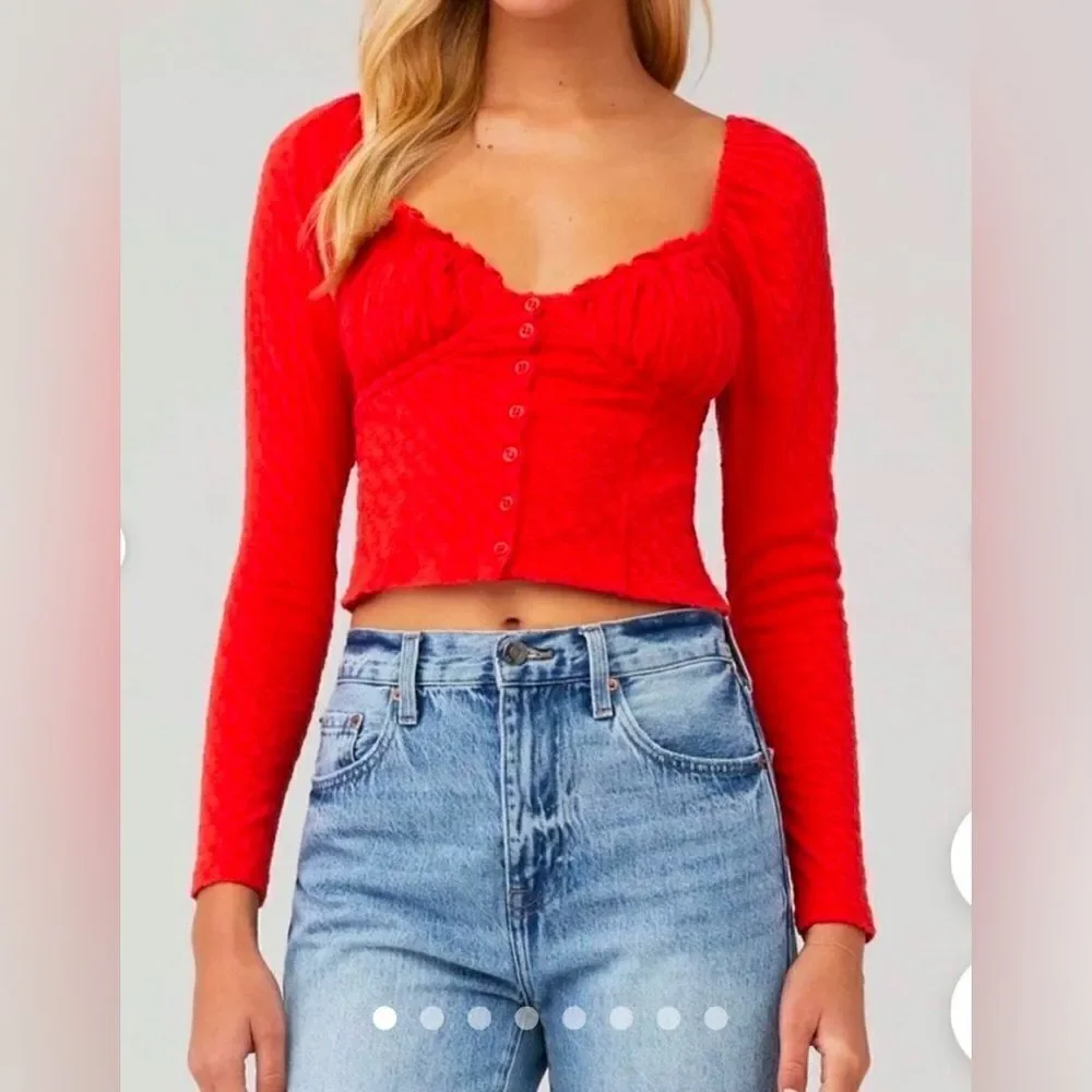 Free People Crop Top Womens  Orange  Blouse Long Sleeve Sz M Buttons